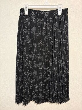 Black Pleated Midi Skirt with White Abstract Faces, Size XS